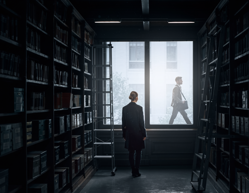 a lone figure standing inside a vast dark library or archive, surrounded floor to cei 949689