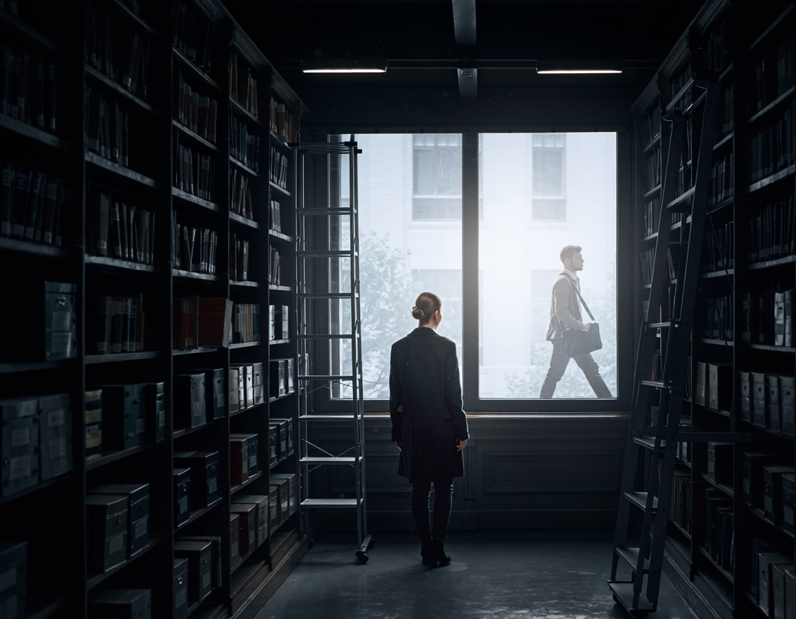 a lone figure standing inside a vast dark library or archive, surrounded floor to ceiling
