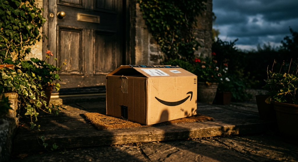 firefly a single cardboard amazon delivery box sitting on a doorstep in dramatic cinematic li 889312