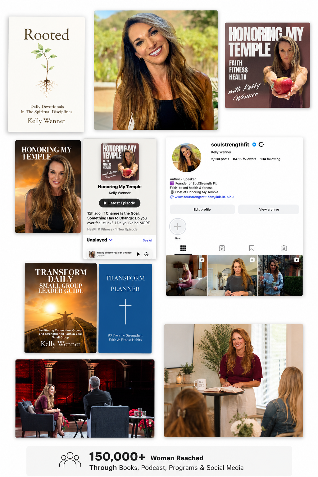 Home Kelly Wenner platform showing books, podcast, programs, kids content, social media and audience growth